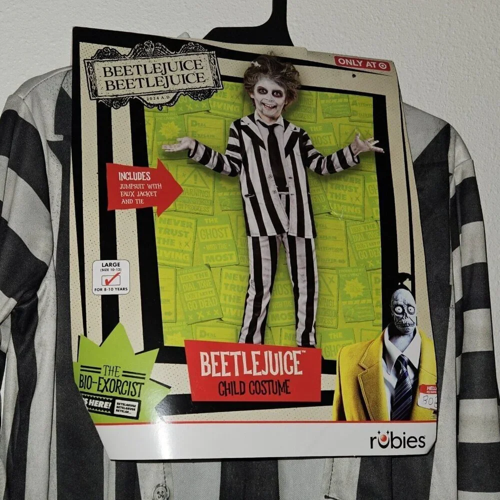 NWT Beetlejuice Halloween Costume Child Boys Large Black Striped Jumpsuit Rubies